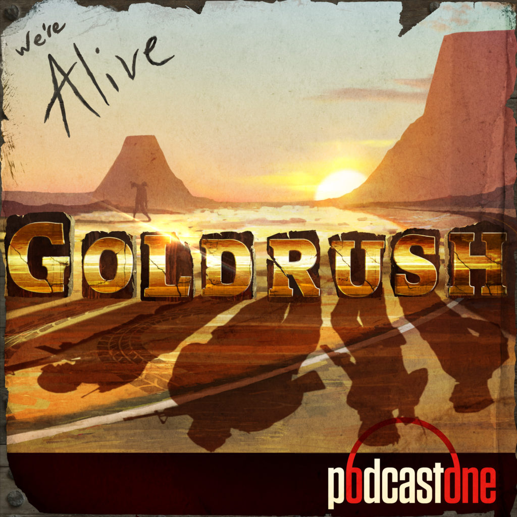 The shadows of four soldiers can be seen in the word "Gold Rush", as the sun appears to be fading out of sight. Two large mountains are in the distance - with a staggering zombie appearing much nearer.